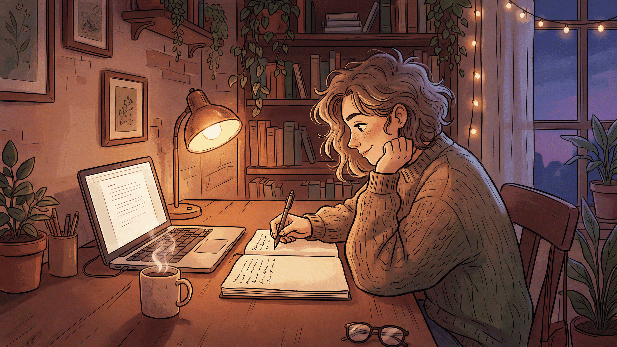 A lofi style image of a woman sitting at a desk with a laptop and notepad, writing.