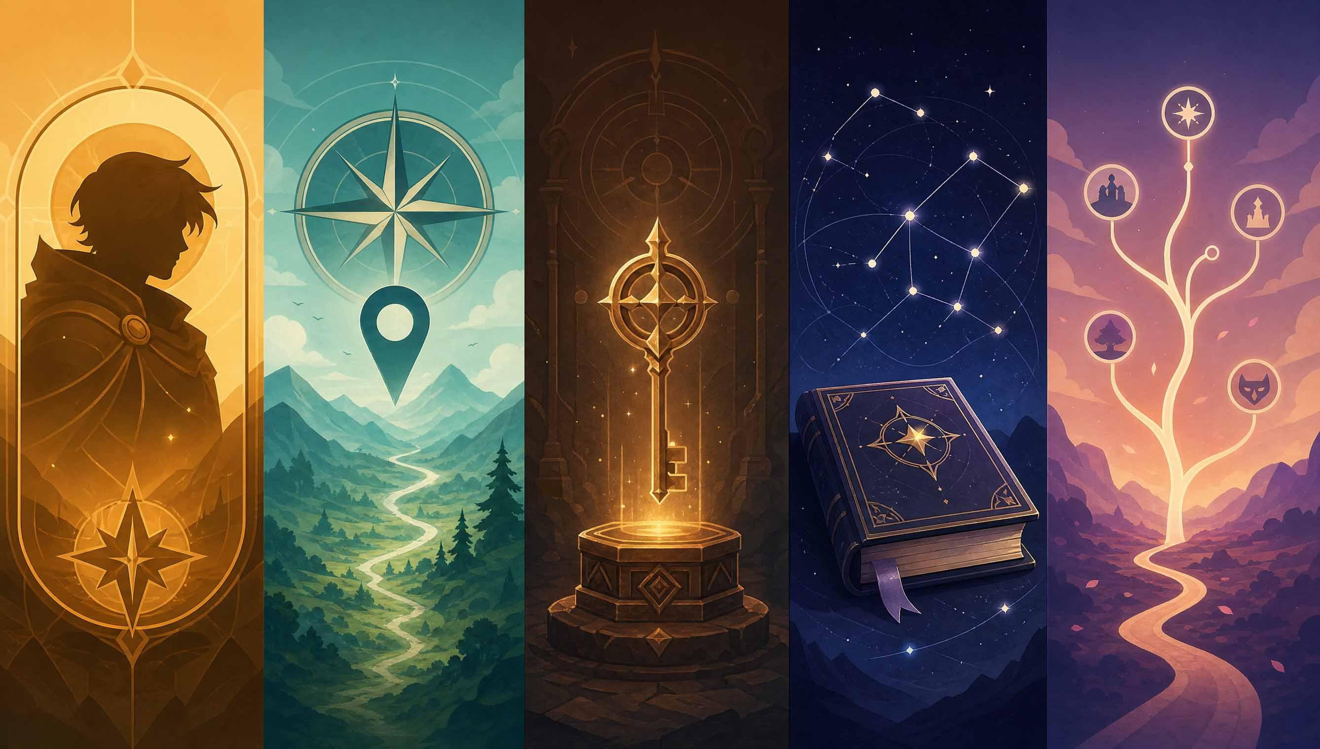Five different sections, each with a different scene representing the Codex entry types.