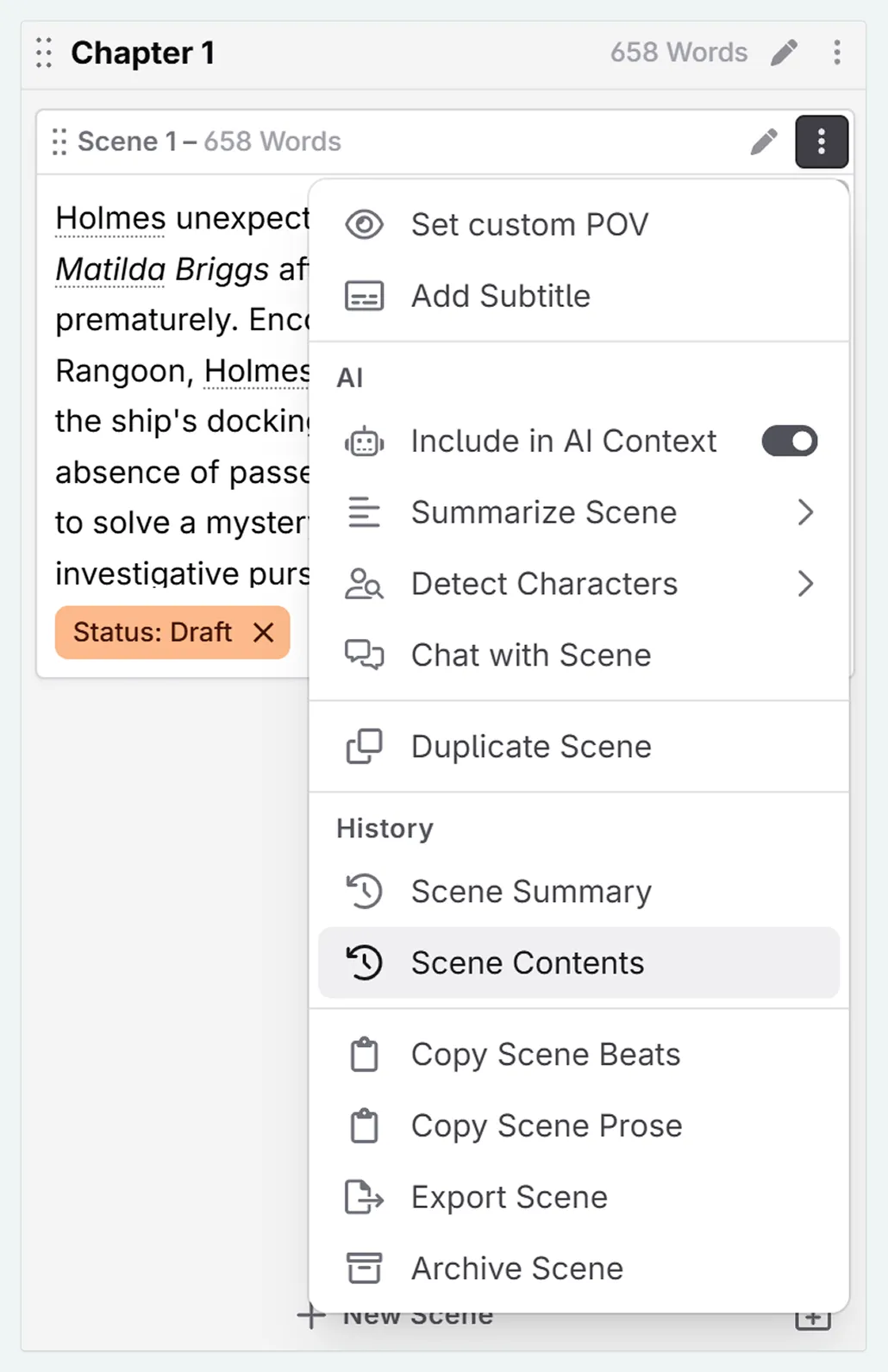 Navigation between chapters in the write mode