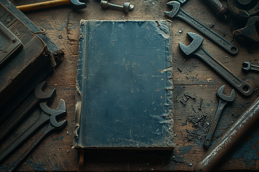 Top down shot of a book surrounded by workshop tools, wrenches, on a rustic hardwood surface