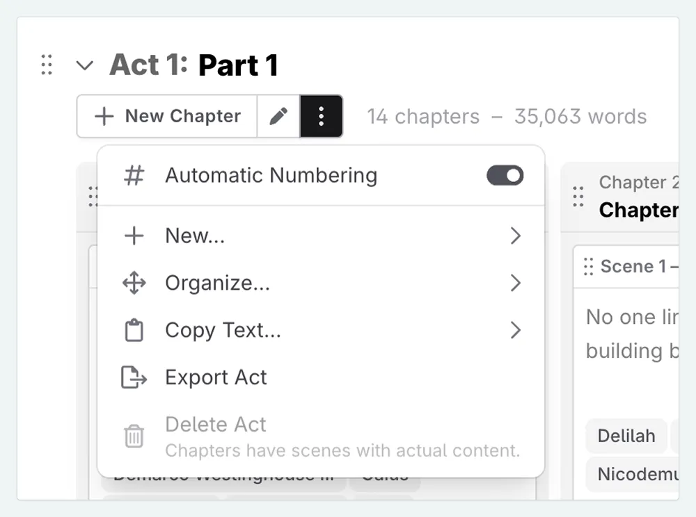 Actions menu for an act