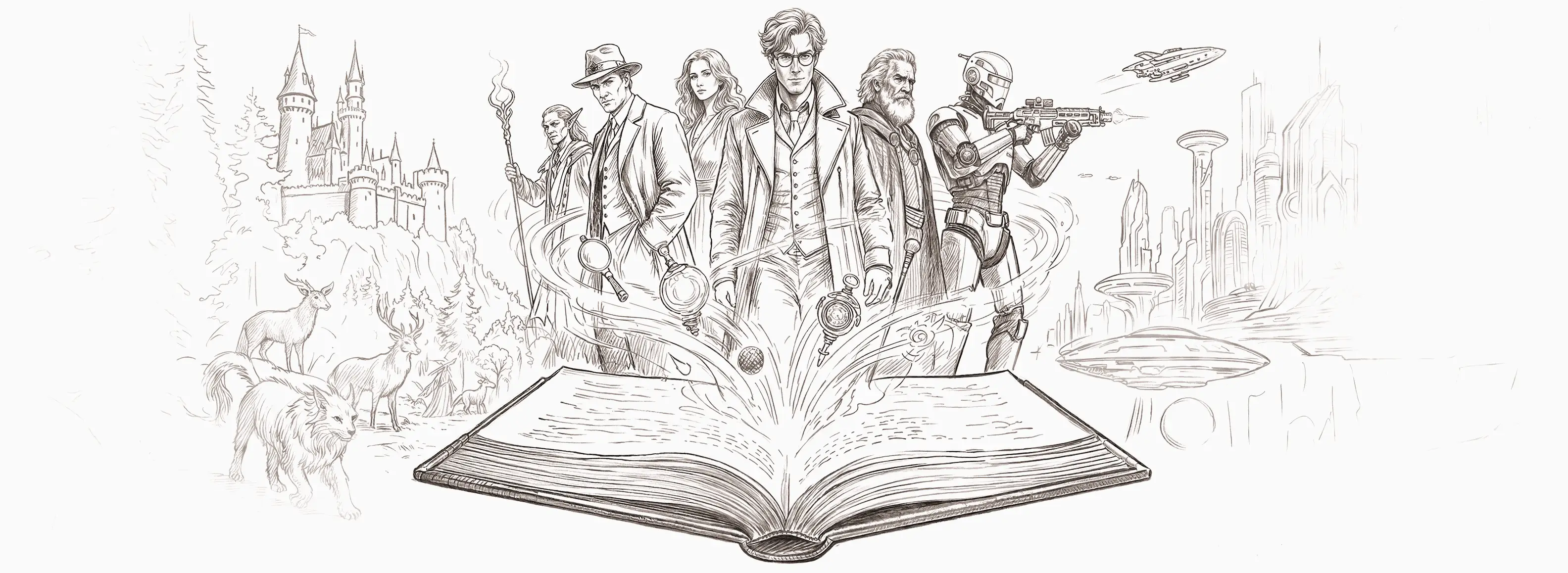 An illustrated sketch of an open book where people and story elements are emerging from the pages