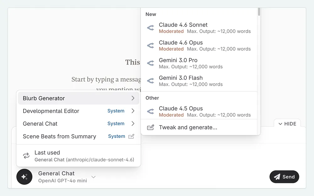 Blurb Generator Preset in the prompt selection menu