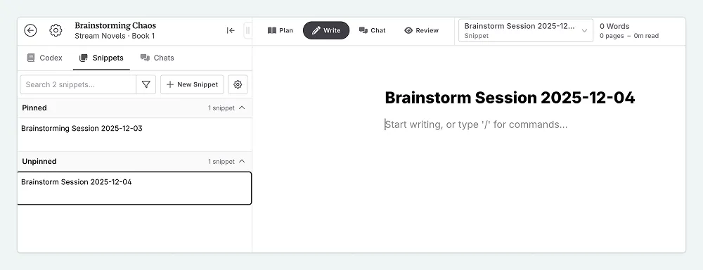a zoom in of Novelcrafter with a brainstorming project and blank Snippet open.