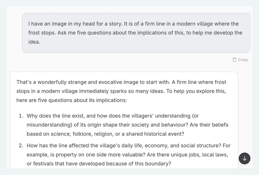 a zoom in of Novelcrafter Chat, brainstorming with AI about a story idea.