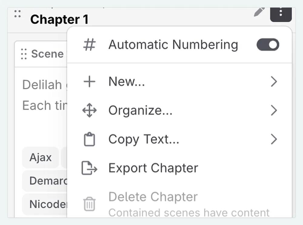 Actions menu for a chapter