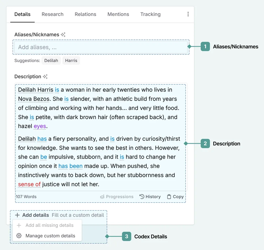 The details panel of a Codex entry