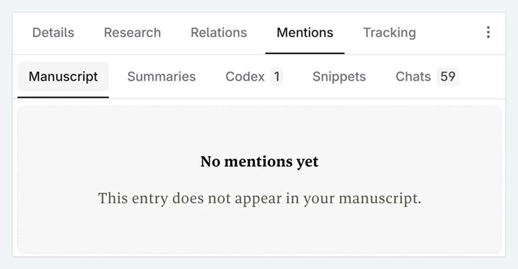 The mention panel of a Codex entry