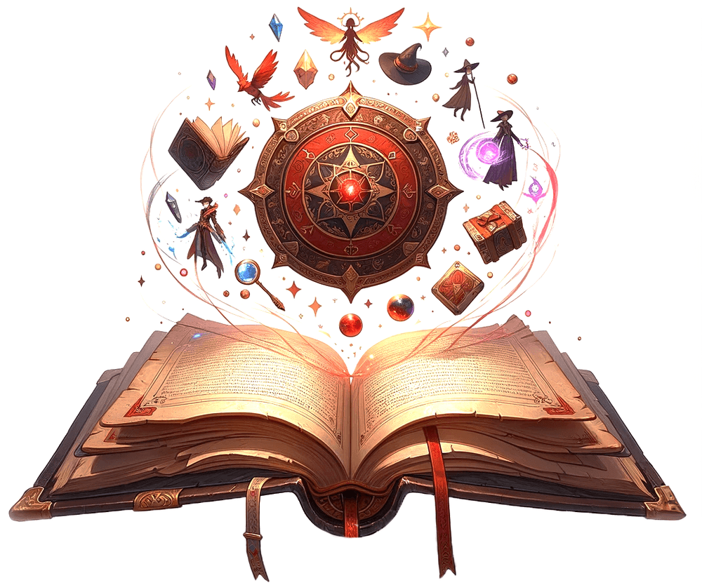 An open book, with a background of magic sparkles