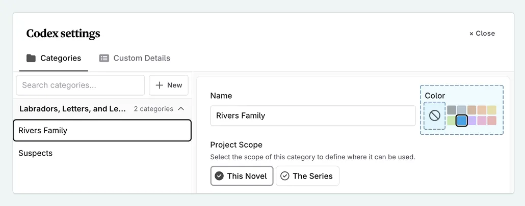 Category editor showing the Color picker