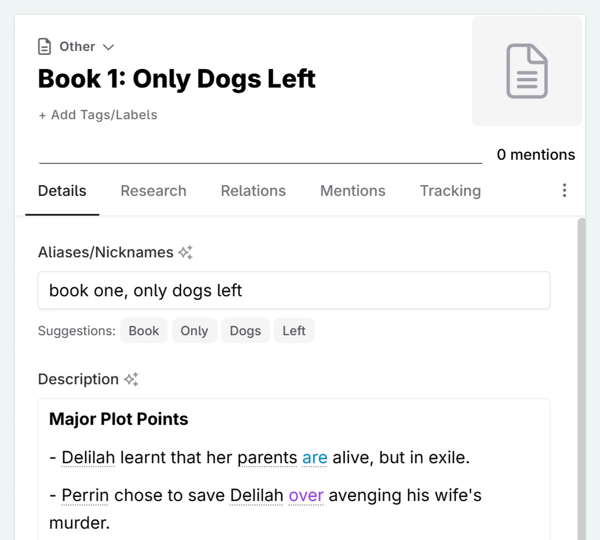 An example Codex entry for a past book