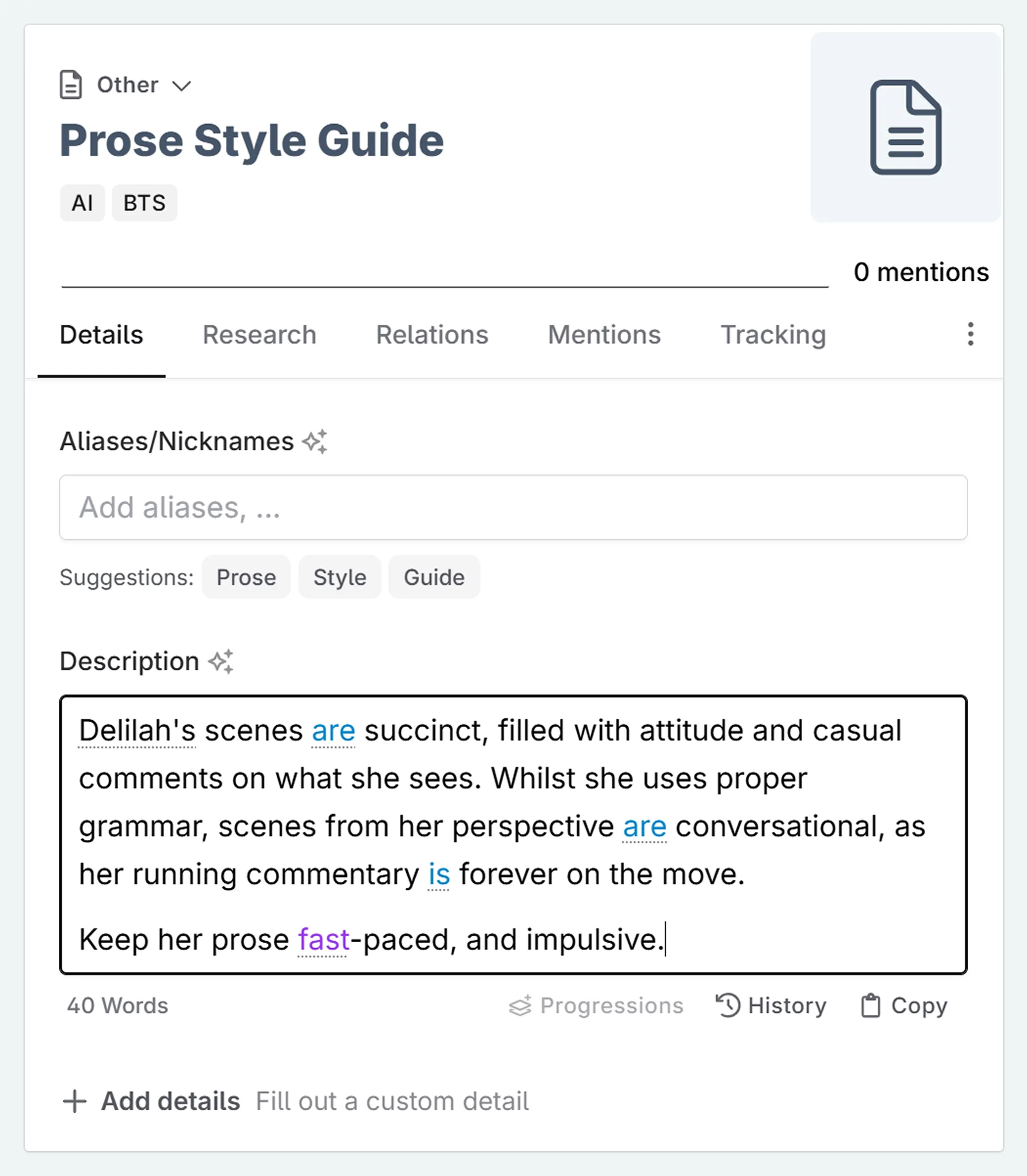 a filled in style guide codex for Only Dogs Left