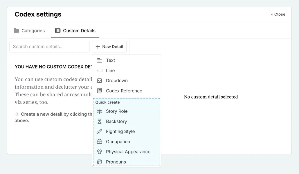 Adding a Codex detail quick create 2