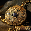 A closeup shot of a gold amulet with a black gem