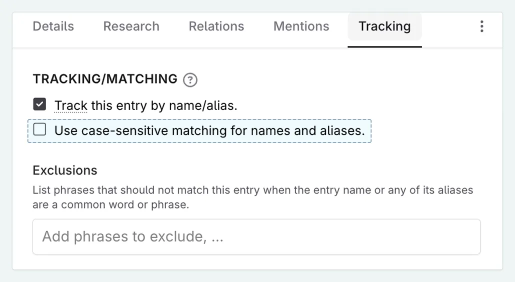 The case-sensitive matching option in the tracking tab