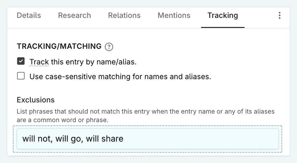 The exclusion list in the tracking tab