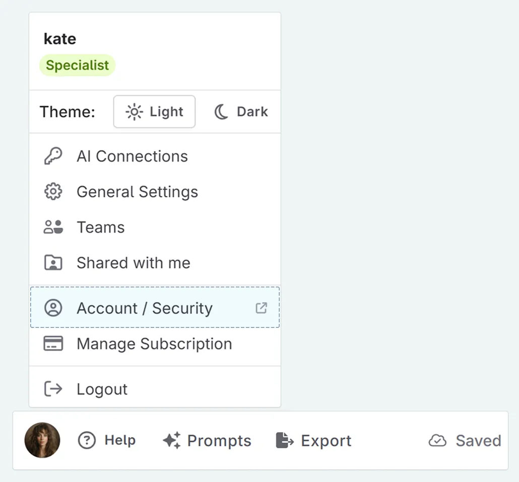 How to access the manage your account section in Novelcrafter