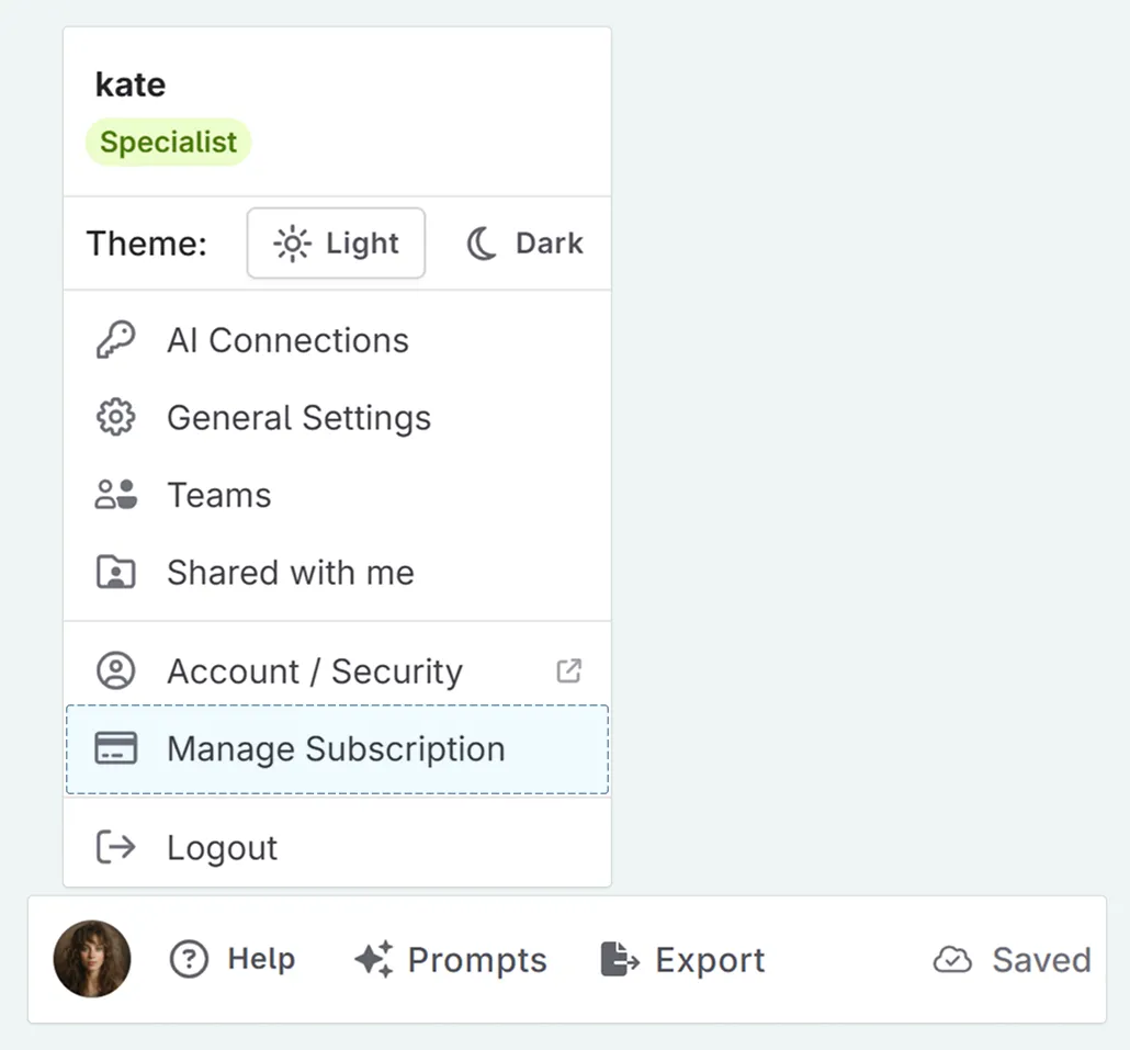 The profile menu showing your name and a link to the manage subscription page