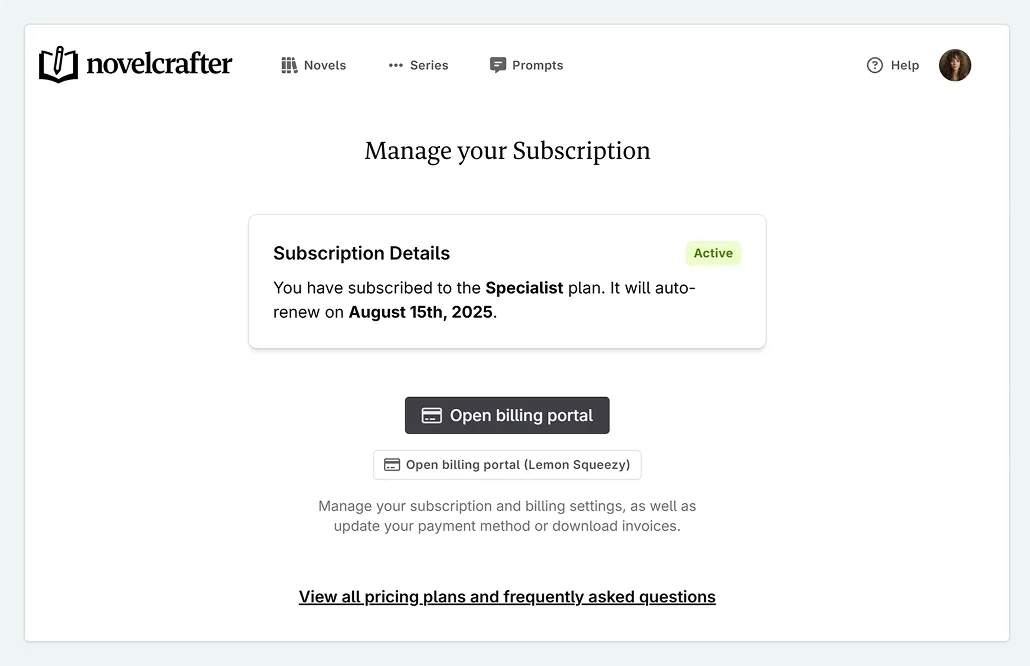 The Manage Subscription page inside of Novelcrafter, with links to the billing portal