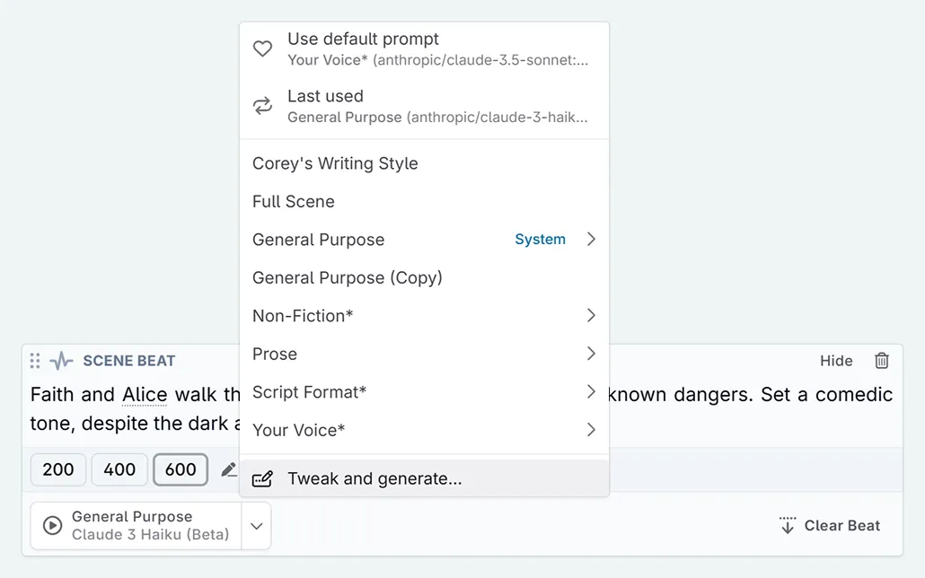 Selecting a prompt from the dropdown menu