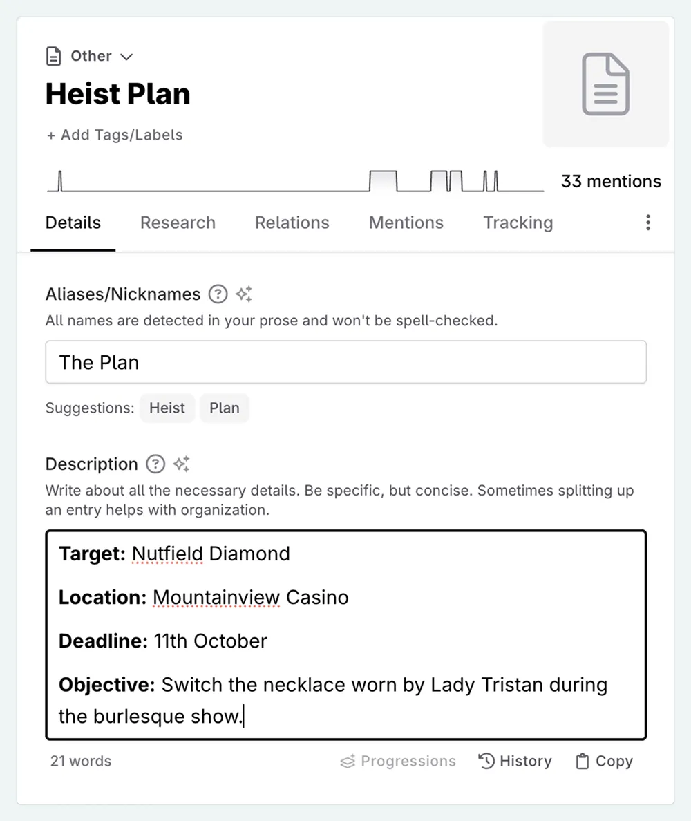 image showing a Codex entry with the description containing the target, location, timeline, and objective of the heist.