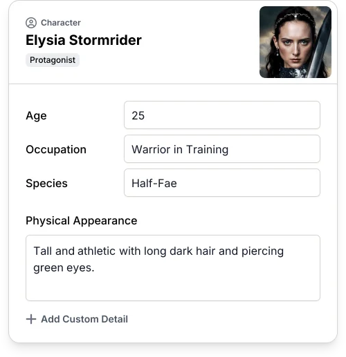 An example Codex entry for Elysia Stormrider, showing their, role, thumbnail, various attributes such as personality traits and backstory details.