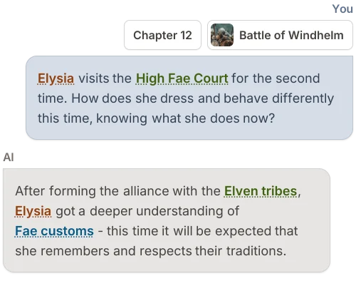 A timeline of a chat thread, showing messages from the user to the AI, including giving it custom context