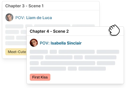 A set of scene cards for a novel, showing different scenes with their titles, POV characters with thumbnails, and labels for the type of scene.