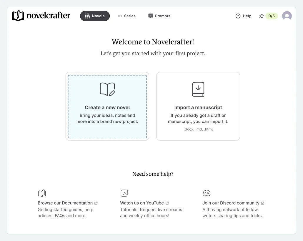 The "Welcome to Novelcrafter" interface with the button to create a new novel highlighted