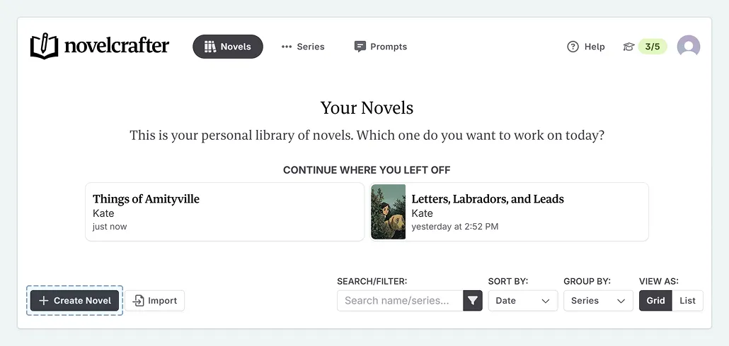 The Novel Library home screen with the button to create a new novel highlighted