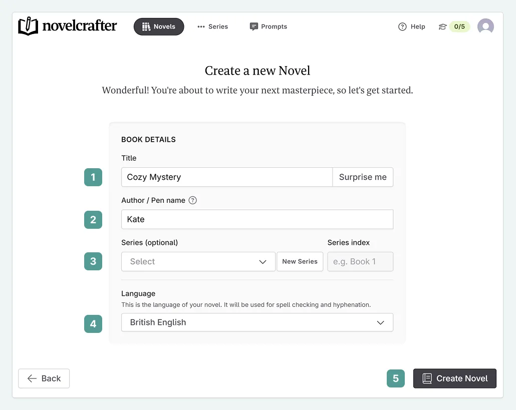 Create a new novel page, with numbers indicating where each section is