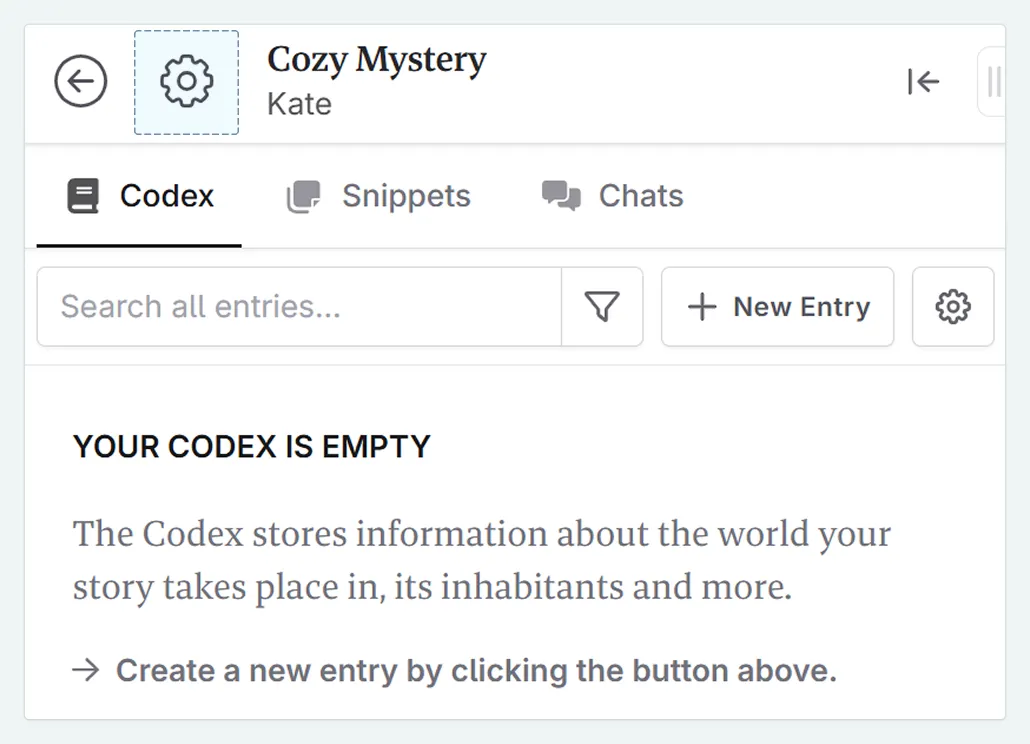 Topleft corner of the Novelcrafter interface, with the cog icon highlighted
