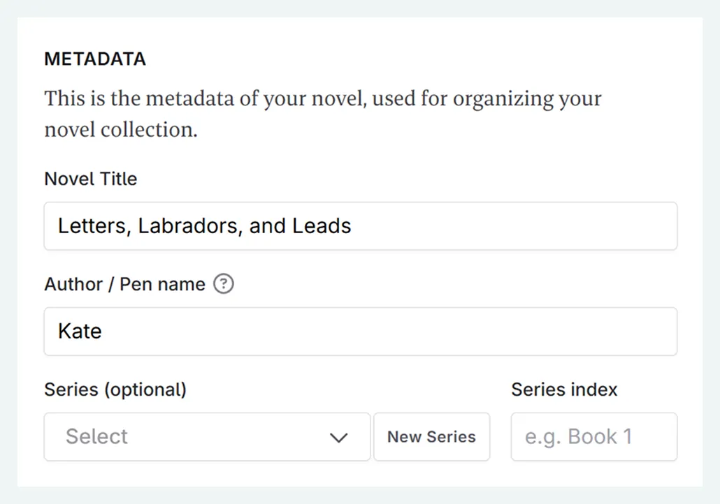 zoom in on the metadata section of the novel settings