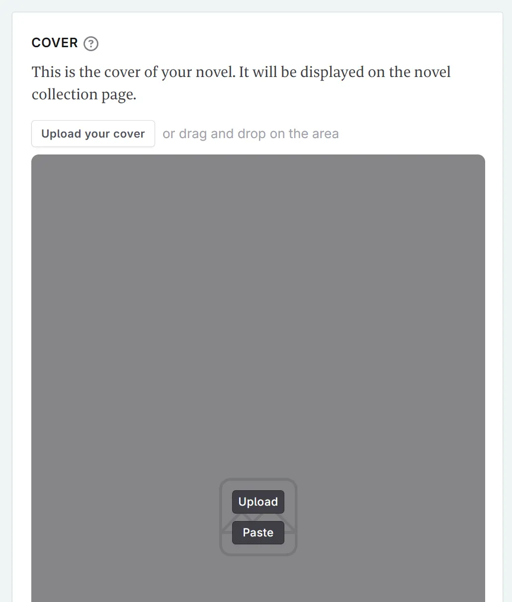 zoom in on the cover section of the novel settings, showing where you can upload or paste an image