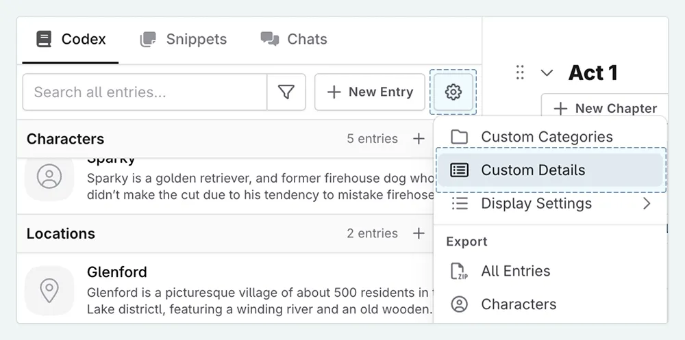 A zoom in of the Codex, showing the settings menu