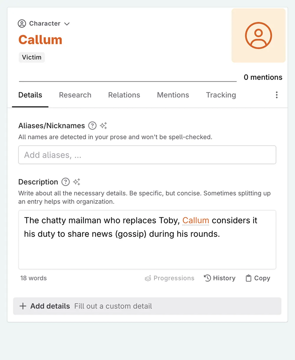 A close up of a Codex entry, showing where you can add details