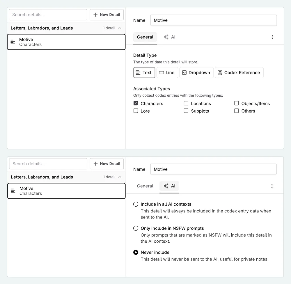 The custom detail editor showing a 'Motive' detail configured for the cozy mystery