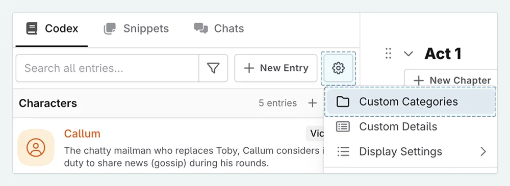 A close up of the Codex settings menu