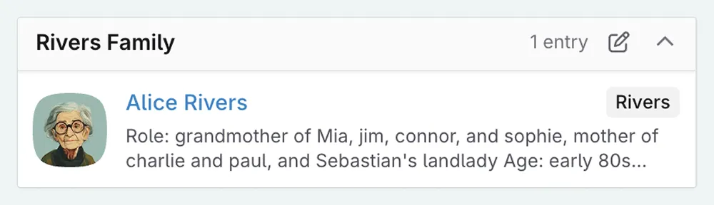 A close up of the Codex sidebar showing the Rivers Family category, and a Codex entry now in it