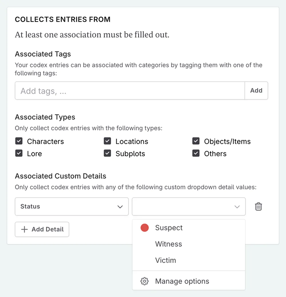 A close up of the Codex detail value selection screen
