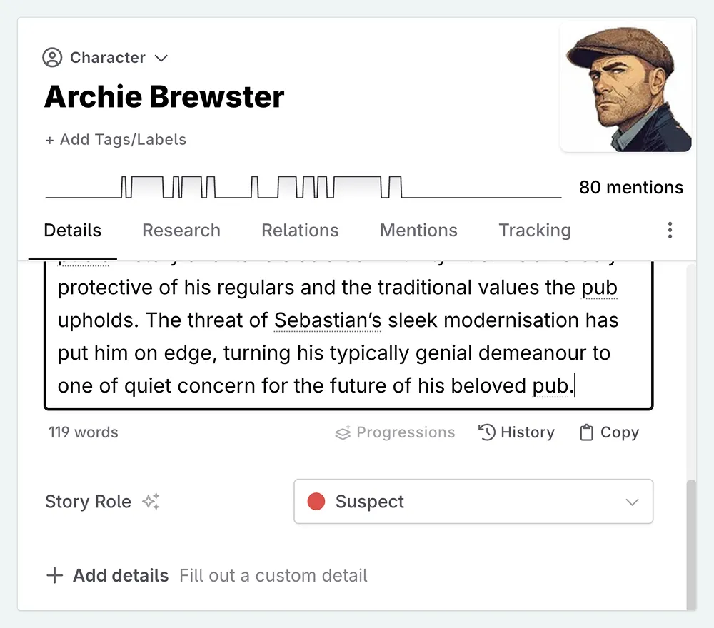 A Codex entry with a character set to suspect