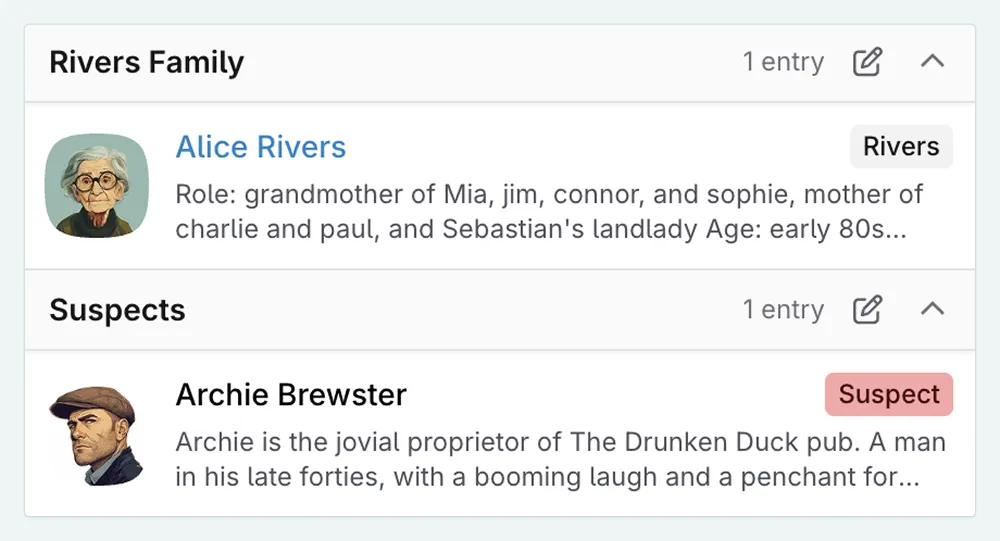 A close up of the Codex sidebar showing a the suspects category with an entry in it