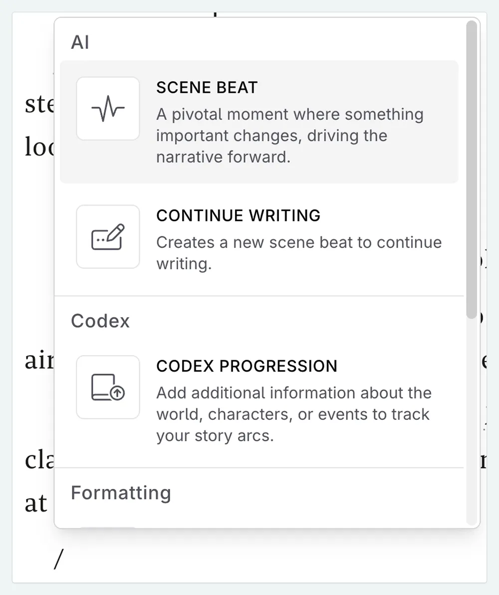 slash menu opened in the manuscript