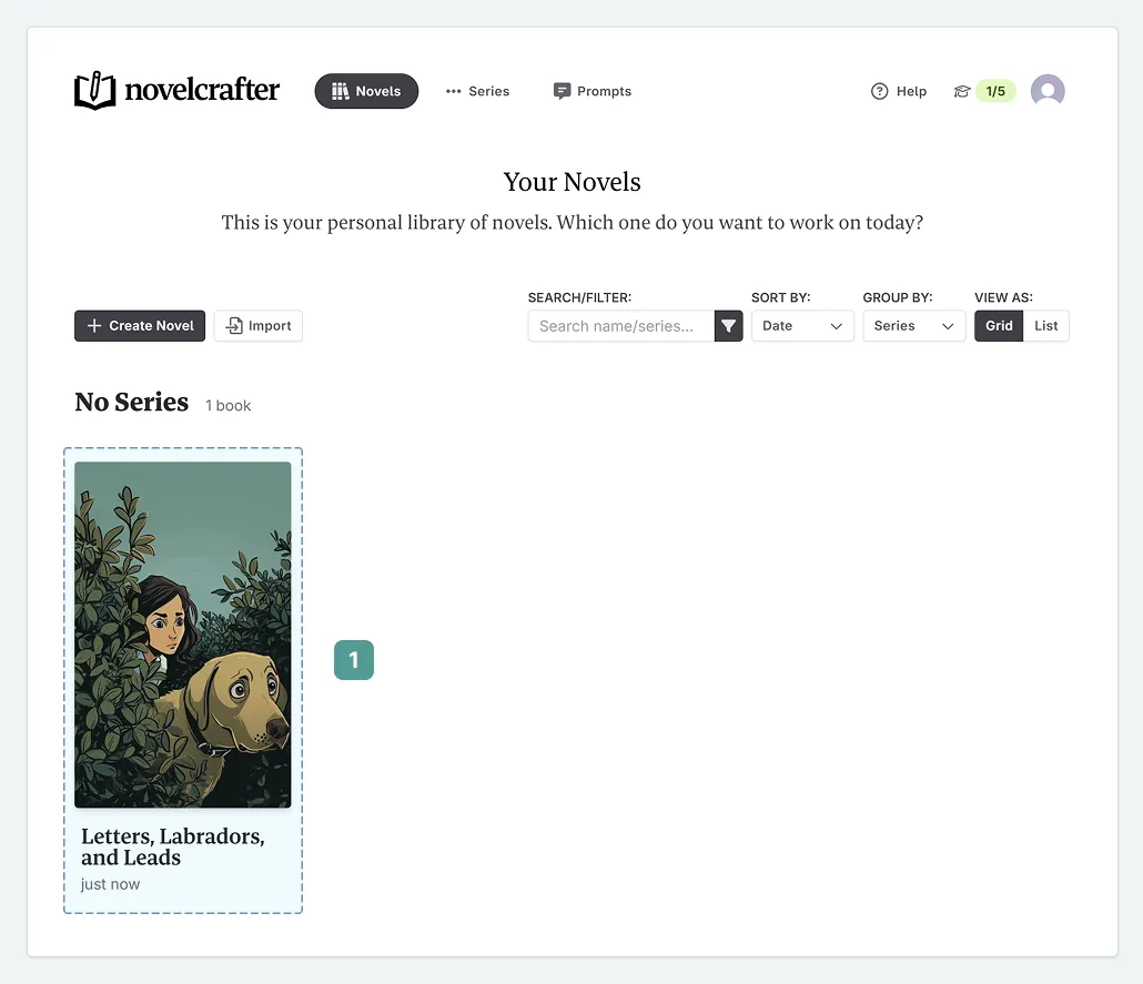 the novel library, showing the test novel present