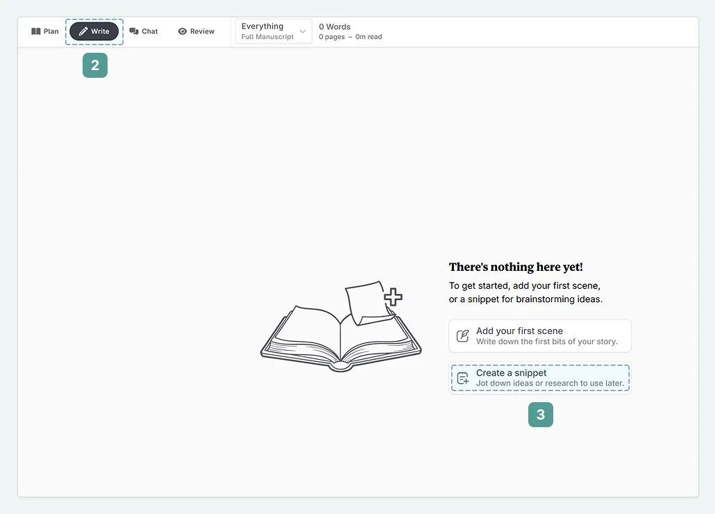 the write interface when we have no scenes added to the novel