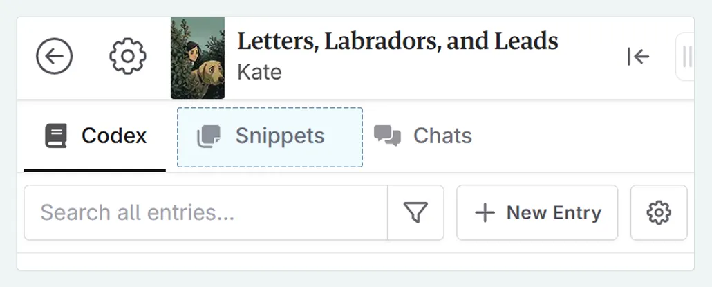 a zoom in on the top left of the interface, with the Snippets tab highlighted