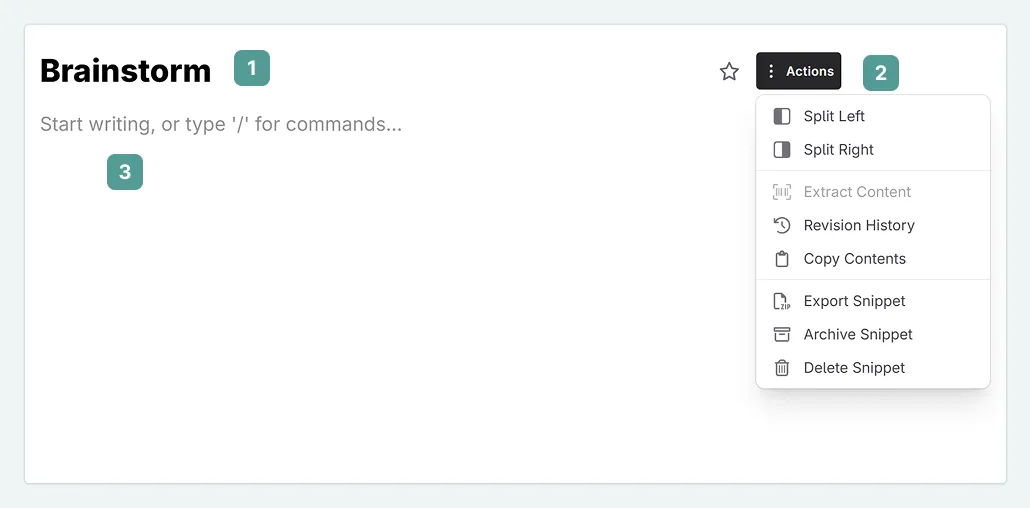 a zoom in of an opened Snippet, with numbers highlighting the title, actions menu, and main contents area