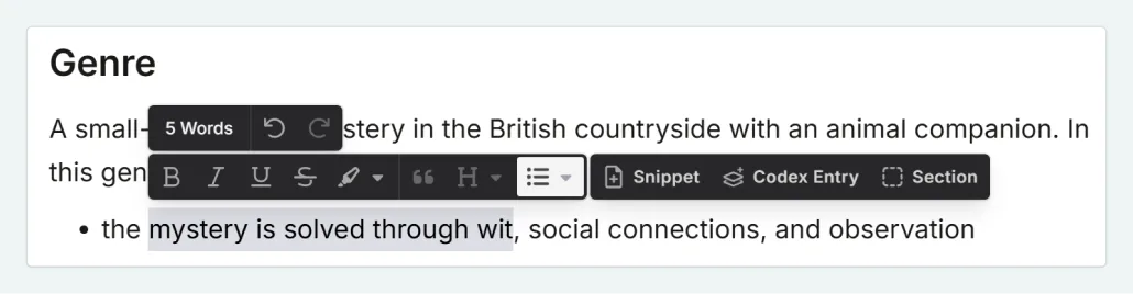 a zoom in of highlighted text, showing the formatting menu