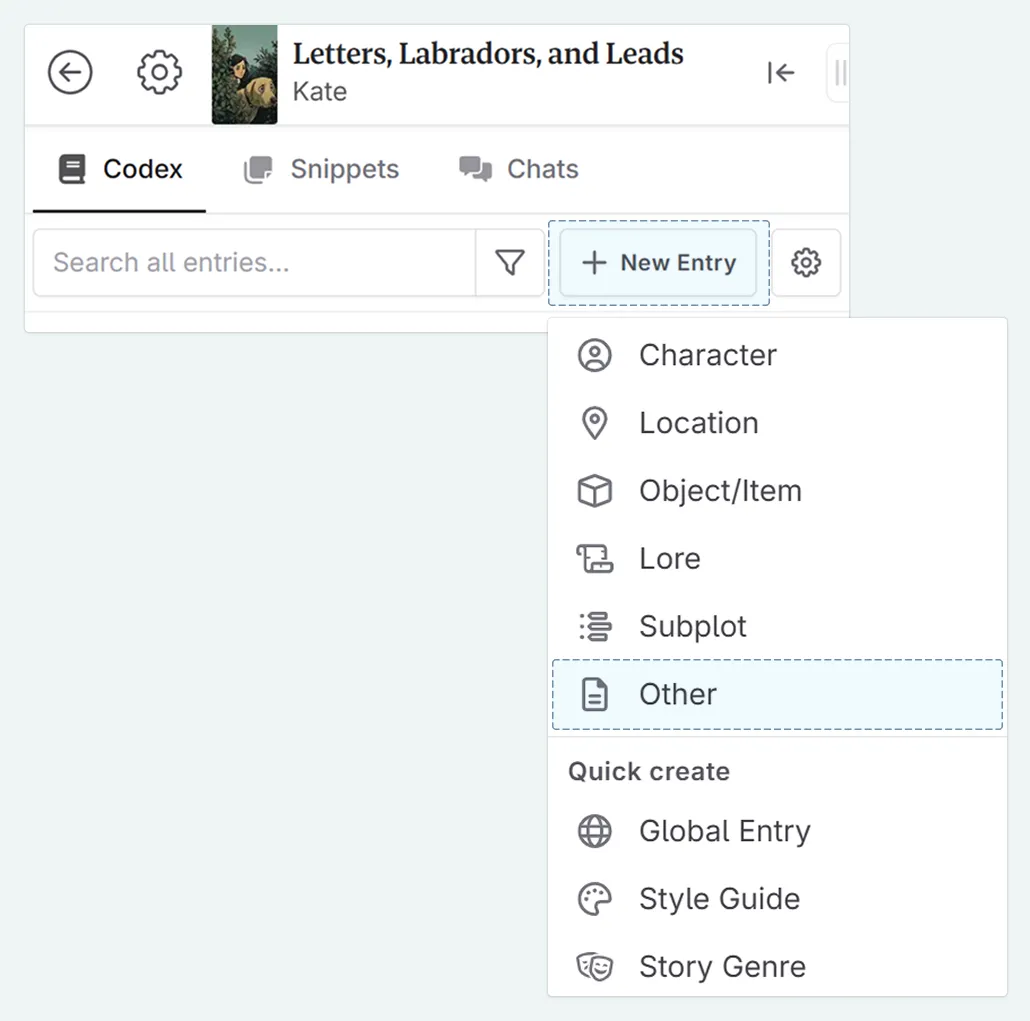 a zoom in of the top left of the interface, with the + New Entry button and the 'other' codex type highlighted