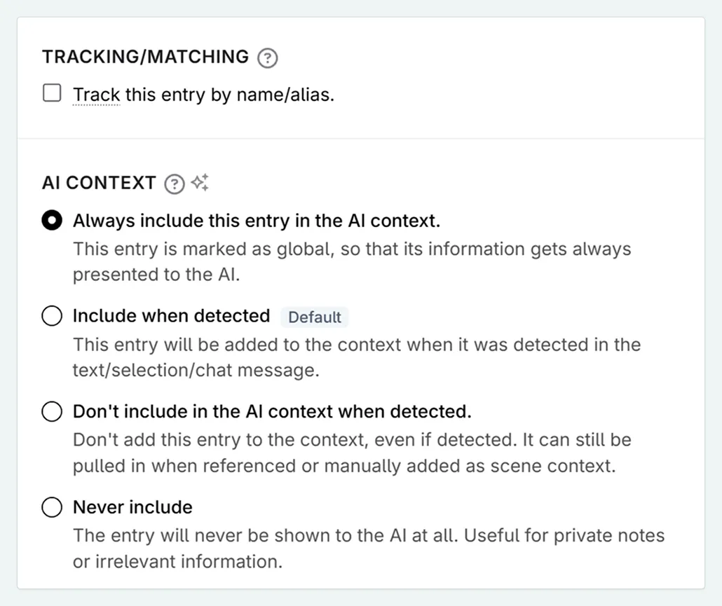 a zoom in on the tracking and AI context tab of a Codex entry